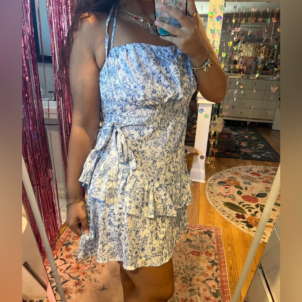 Euro Summer Blue Floral Halter Mini Dress Cottagecore Y2K 1X